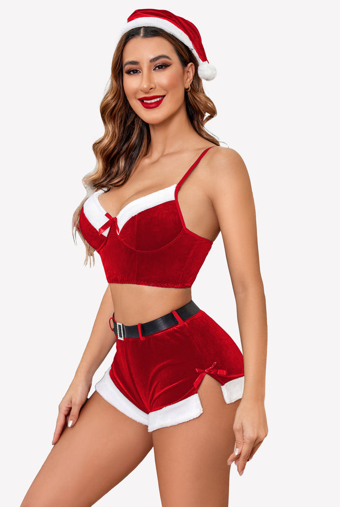 Red velvet Santa lingerie set with fur trim, Christmas costume