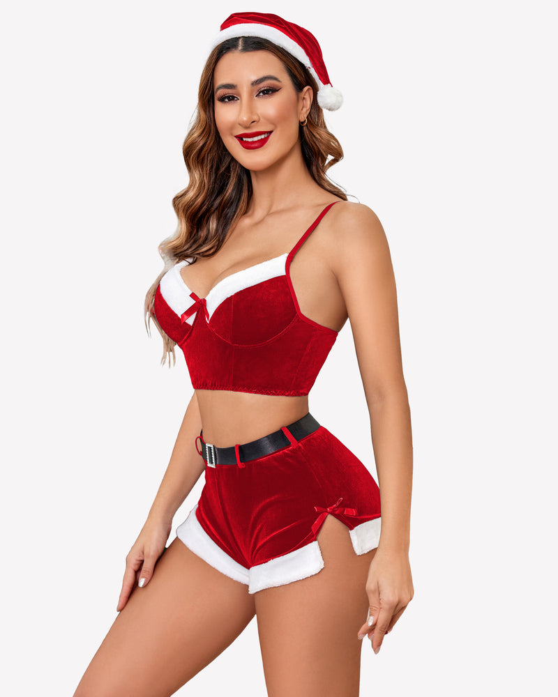 Red velvet Santa lingerie set with fur trim, Christmas costume