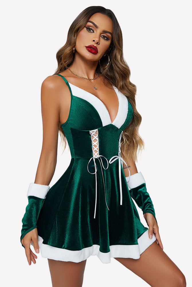 Green velvet Santa babydoll set with white trim, lace-up front, gloves. Christmas lingerie.