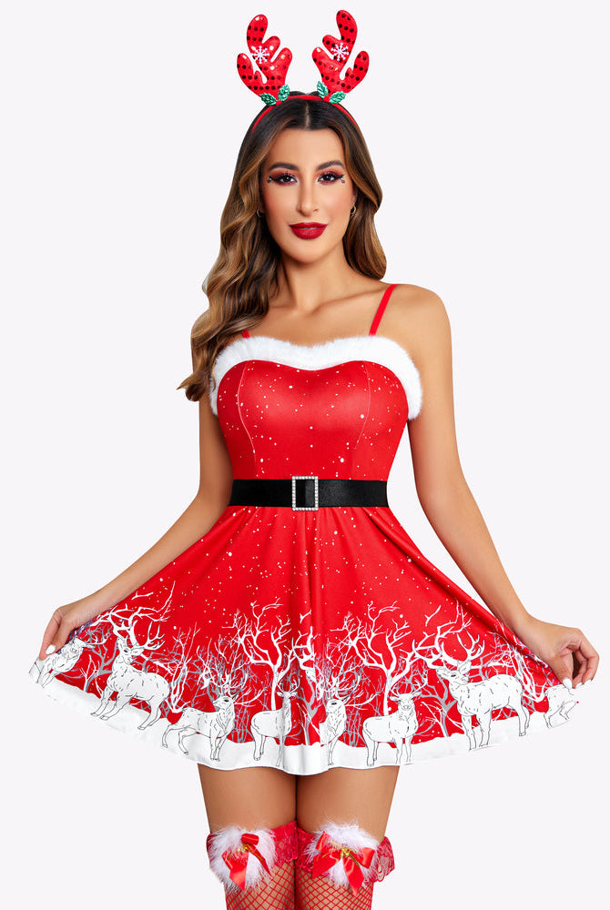 Santa Babydoll Lingerie: Red dress with reindeer print, fur trim, and black belt for Christmas.
