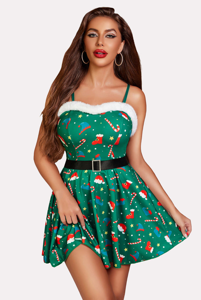 Green Santa Halter Sleepwear Babydoll with fur trim, black belt, and Christmas print lingerie