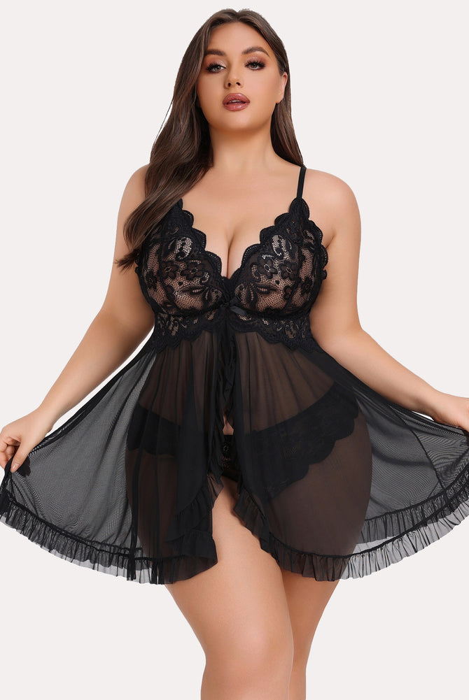 Plus Size Black Lace Babydoll Lingerie Set - Elegant and Sexy