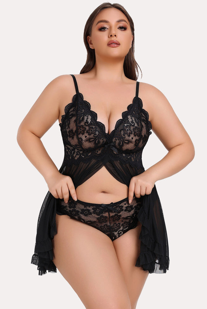 Plus size black lace babydoll lingerie set featuring deep V-neck and adjustable straps