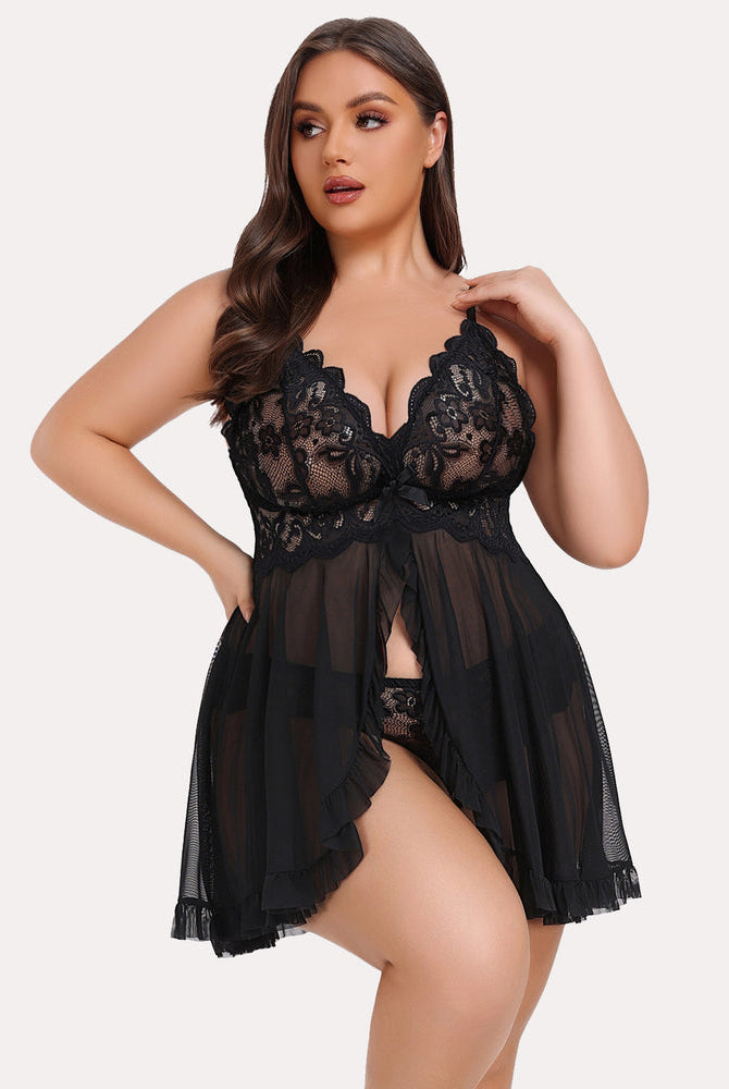 Plus Size Black Lace Babydoll - Open Front Design, Elegant and Sexy Lingerie