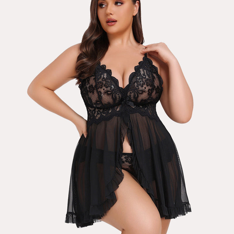Plus Size Black Lace Babydoll - Open Front Design, Elegant and Sexy Lingerie