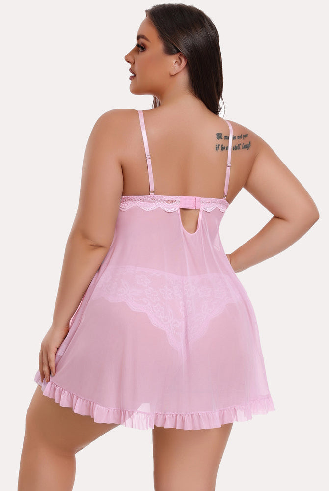 Plus Size Pink Lace Babydoll Lingerie Set, Deep V-neck, Sexy and Elegant
