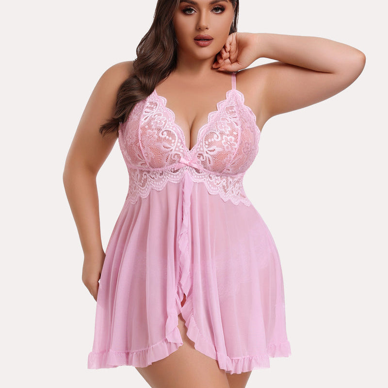 Plus Size Pink Lace Open Front Babydoll Lingerie Set with Adjustable Straps