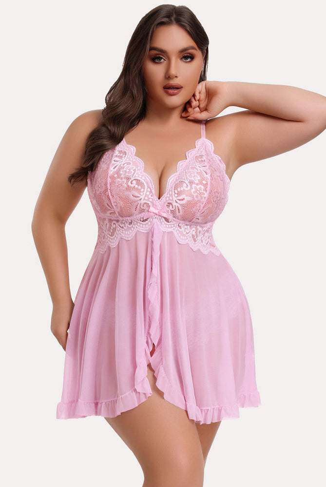 Plus Size Pink Lace Open Front Babydoll Lingerie Set with Adjustable Straps