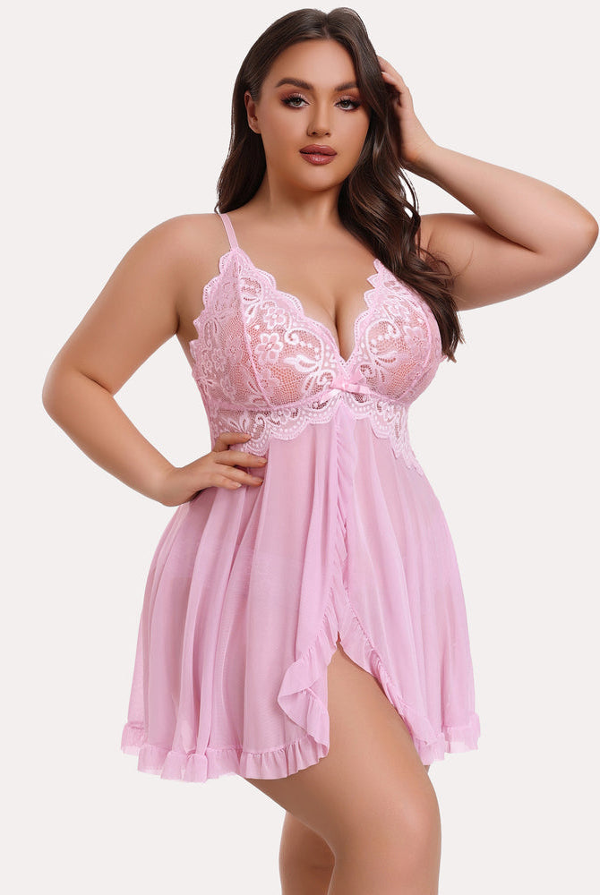 Plus Size Pink Lace Open Front Babydoll Lingerie - Deep V-neck, Sexy and Elegant