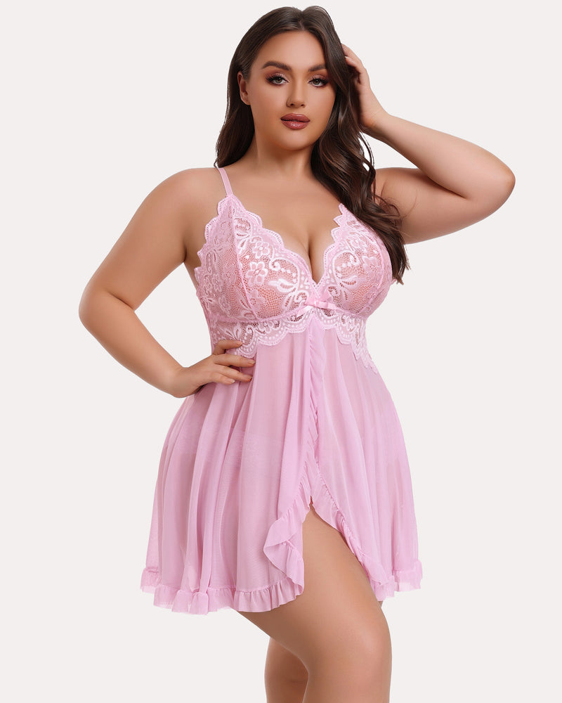 Plus Size Pink Lace Open Front Babydoll Lingerie - Deep V-neck, Sexy and Elegant