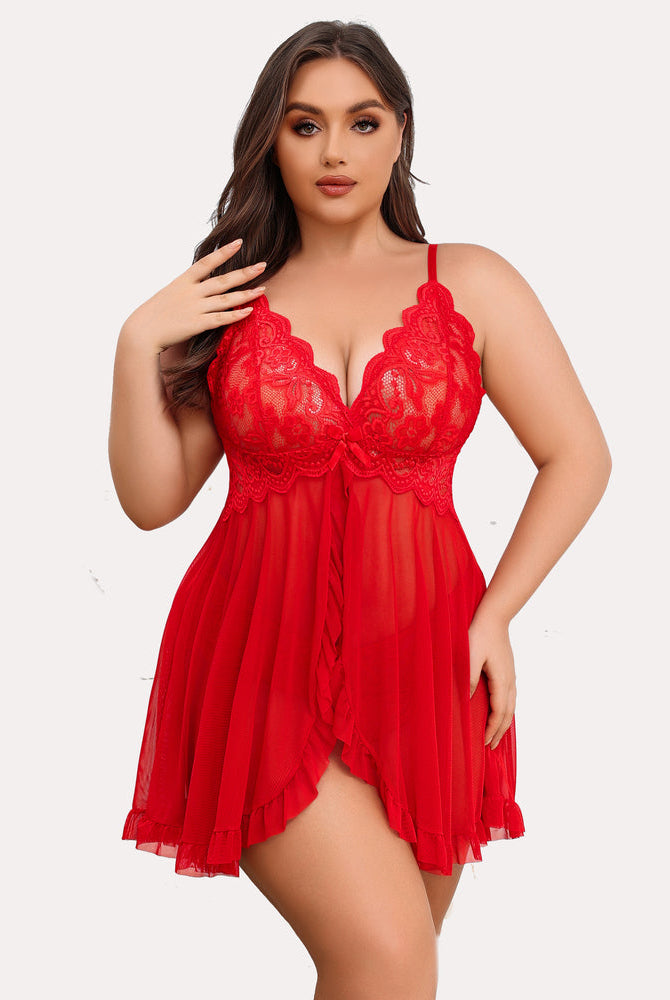 Plus Size Red Lace Babydoll, Open Front. Deep V-neck and adjustable straps. Sexy lingerie