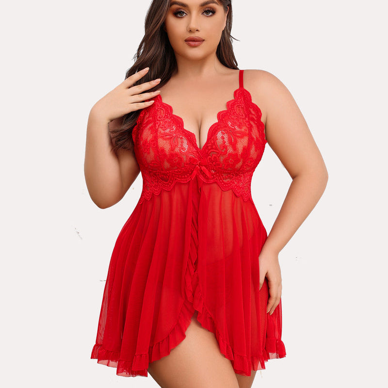 Plus Size Red Lace Babydoll, Open Front. Deep V-neck and adjustable straps. Sexy lingerie