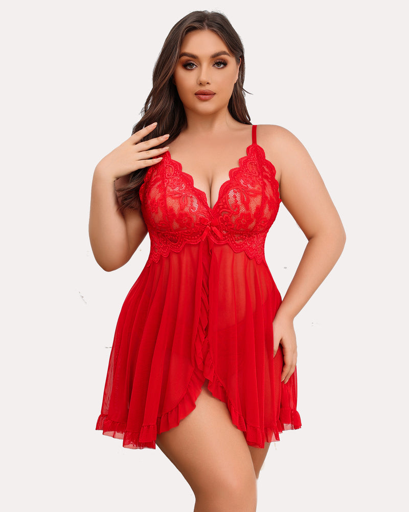 Plus Size Red Lace Babydoll, Open Front. Deep V-neck and adjustable straps. Sexy lingerie