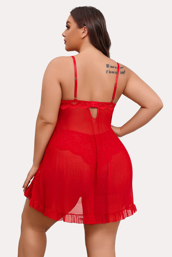 Plus Size Red Lace Open Front Babydoll Lingerie Set - Deep V-neck, Adjustable Straps