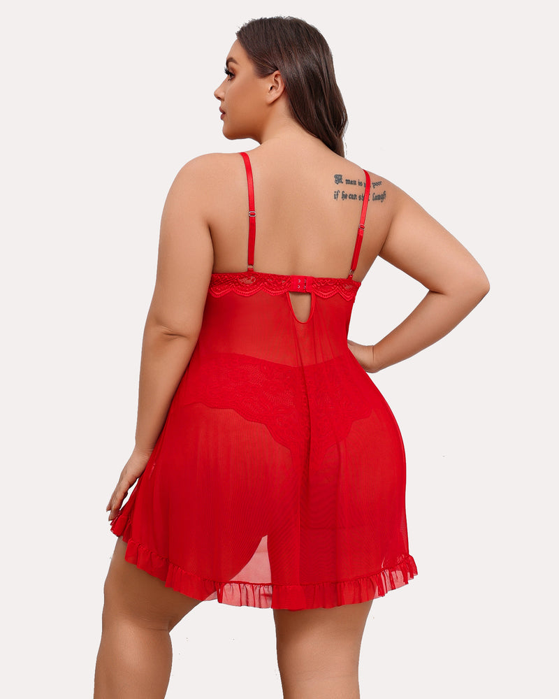 Plus Size Red Lace Open Front Babydoll Lingerie Set - Deep V-neck, Adjustable Straps