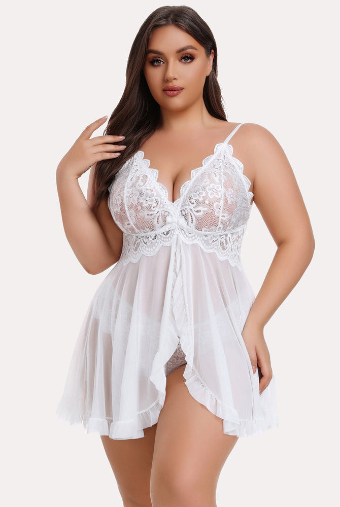 Plus Size White Lace Open Front Babydoll Lingerie Set
