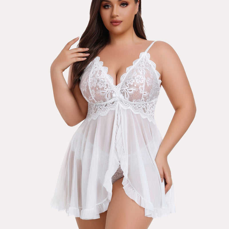 Plus Size White Lace Open Front Babydoll Lingerie Set