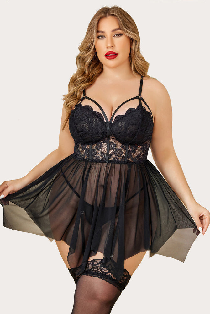 Plus size black lace babydoll lingerie with adjustable straps and garter belt