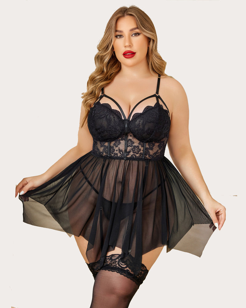 Plus size black lace babydoll lingerie with adjustable straps and garter belt