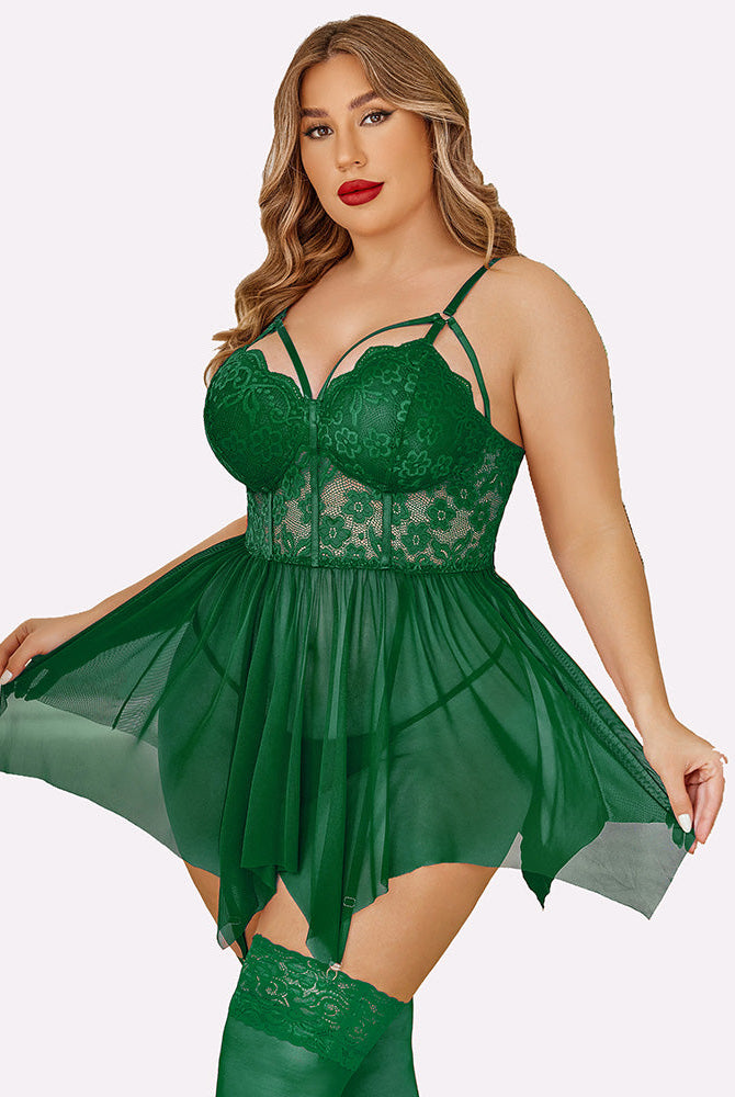 Plus Size Green Mesh Lace Babydoll Lingerie Set with Adjustable Straps and Stockings