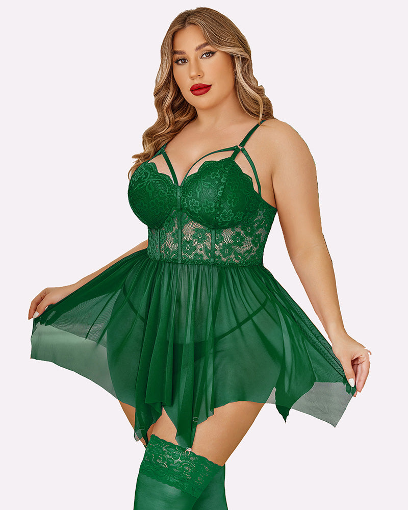 Plus Size Green Mesh Lace Babydoll Lingerie Set with Adjustable Straps and Stockings