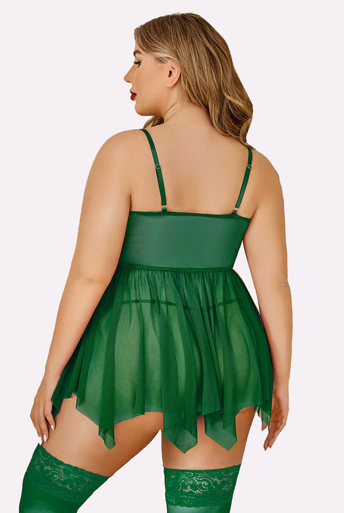 Plus Size Green Mesh Lace Babydoll Lingerie with Adjustable Straps and Stockings
