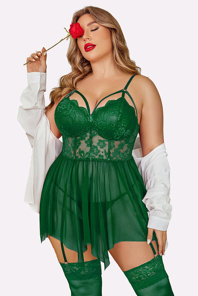 Plus Size Green Mesh Babydoll Lingerie Set with Adjustable Straps & Stockings