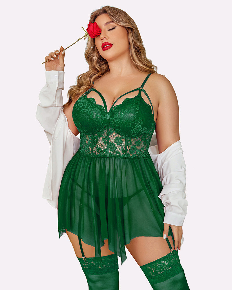 Plus Size Green Mesh Babydoll Lingerie Set with Adjustable Straps & Stockings