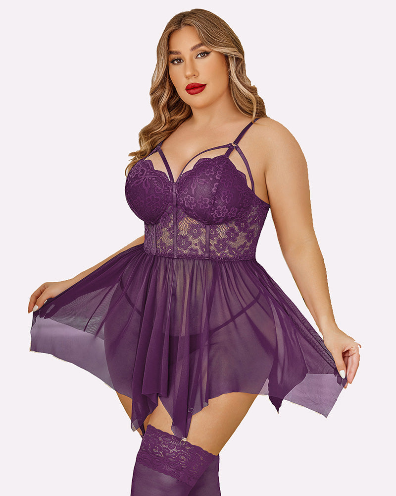 Purple Plus Size Babydoll with Lace. Adjustable straps, perfect for a romantic night.