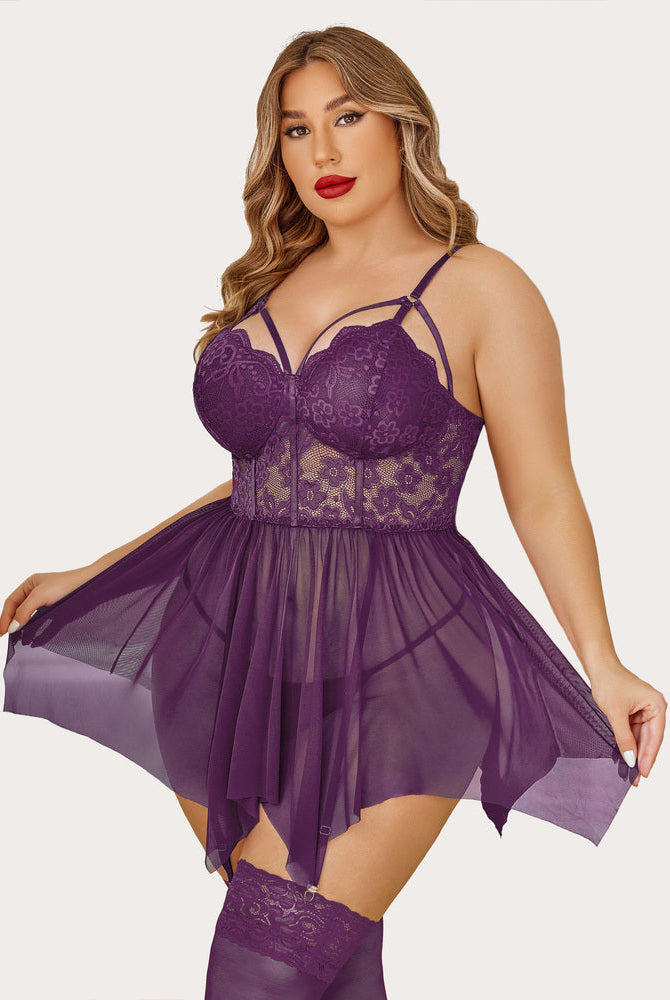 Plus Size Purple Mesh Lace Babydoll Lingerie Set with Adjustable Straps and Stockings