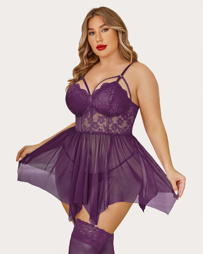 Plus Size Purple Mesh Lace Babydoll Lingerie Set with Adjustable Straps and Stockings