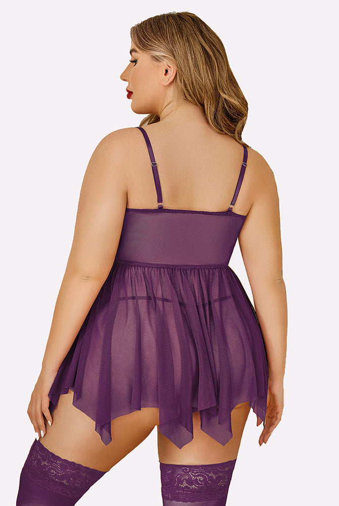 Plus size purple mesh babydoll lingerie set with adjustable straps and stockings