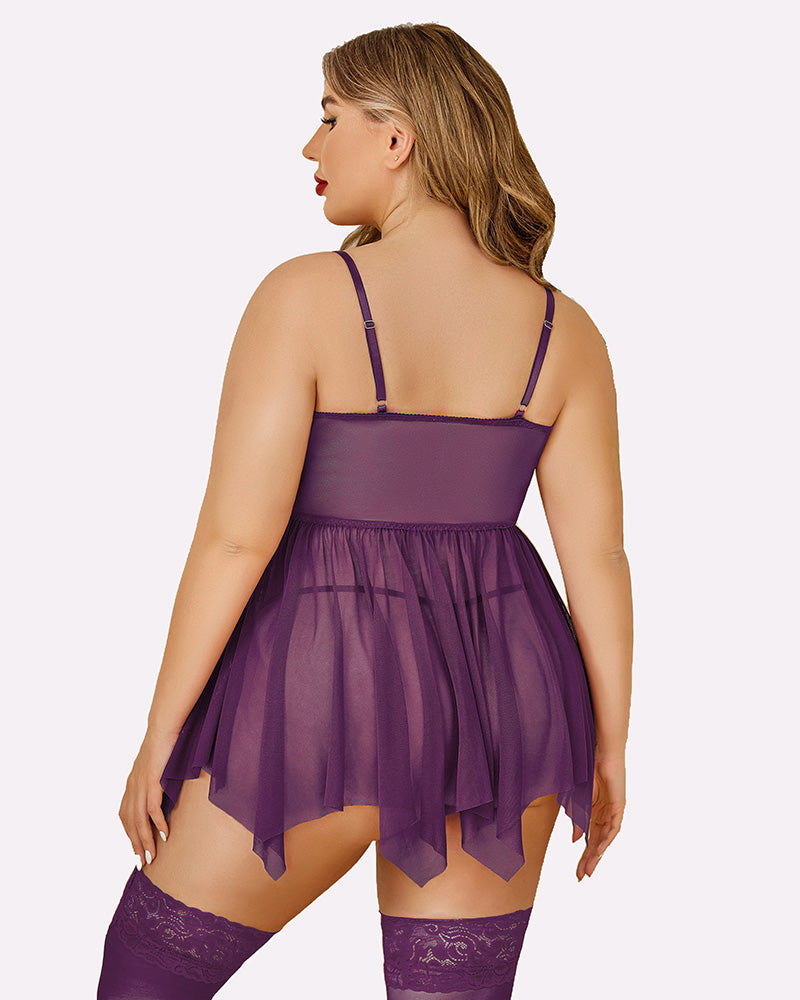 Plus size purple mesh babydoll lingerie set with adjustable straps and stockings