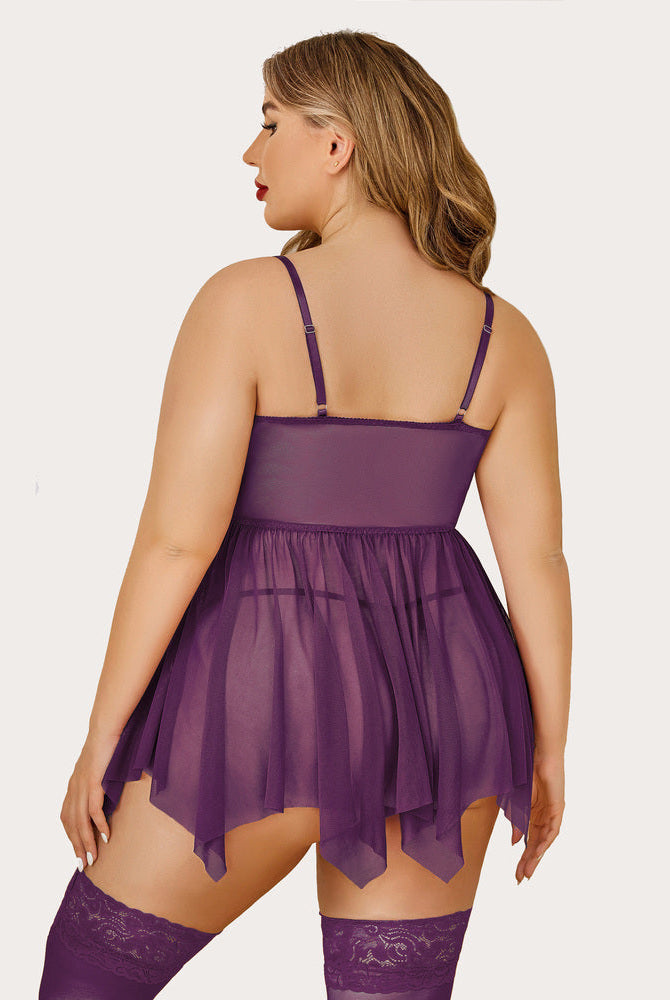Plus size purple mesh babydoll lingerie with adjustable straps and stockings