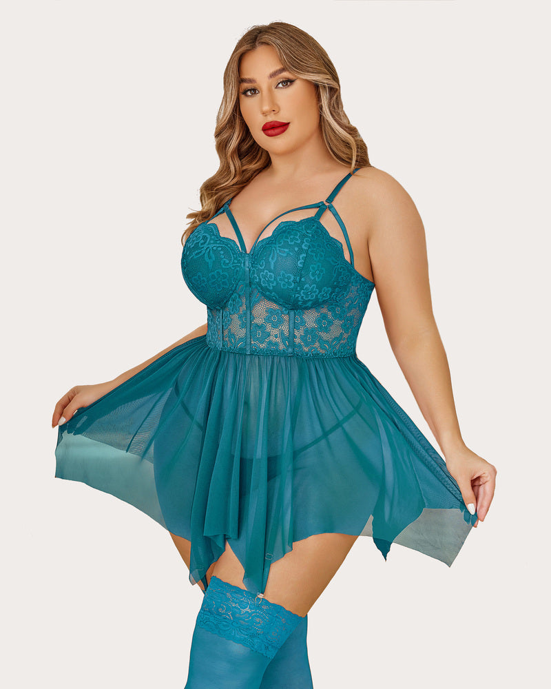 Plus size teal mesh lace babydoll lingerie set with stockings, adjustable straps, and floral lace
