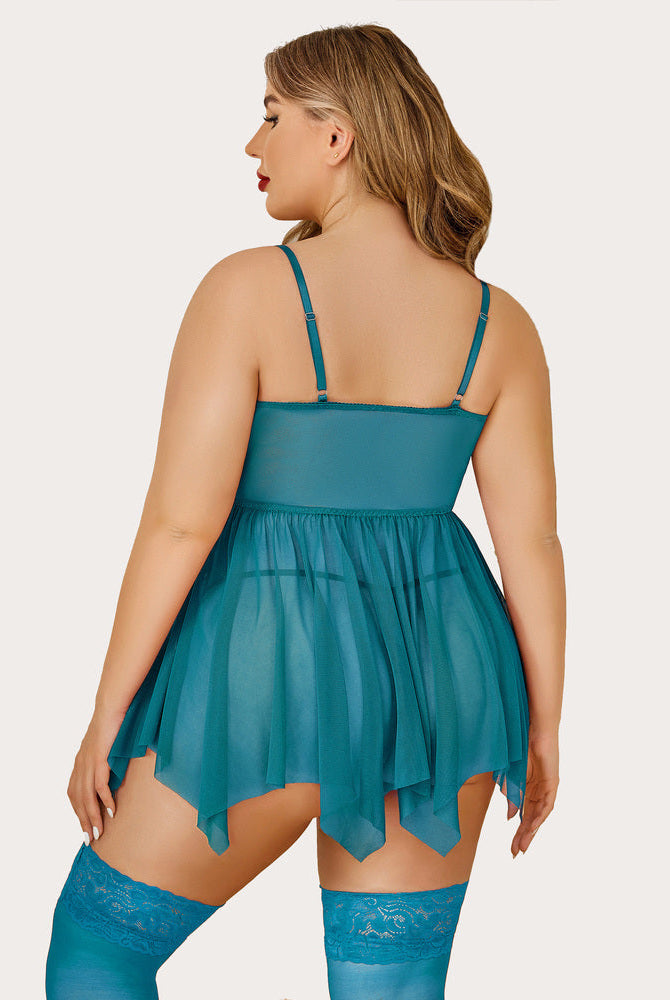 Plus size teal mesh babydoll lingerie with adjustable straps and lace stockings