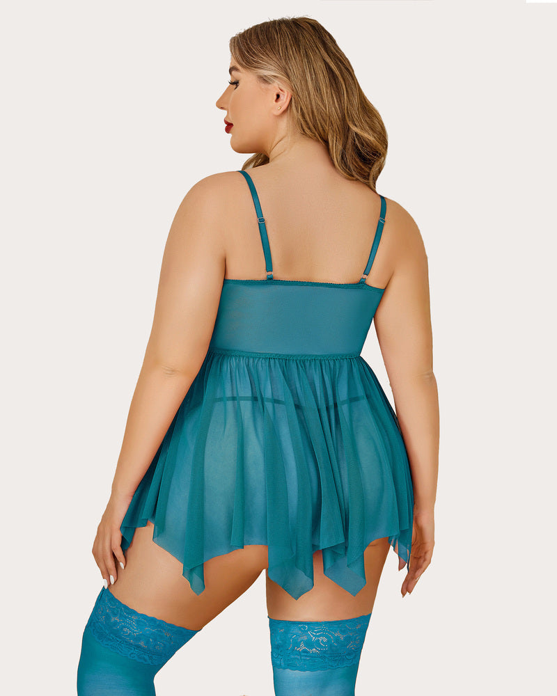 Plus size teal mesh babydoll lingerie with adjustable straps and lace stockings