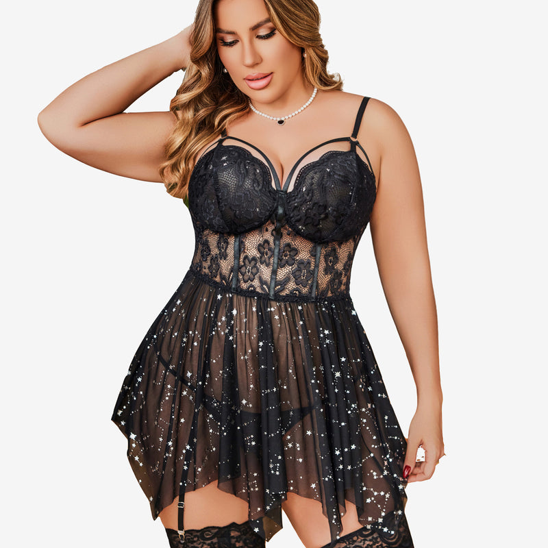 Plus size black mesh lace star pattern babydoll lingerie set with adjustable straps and garter belt
