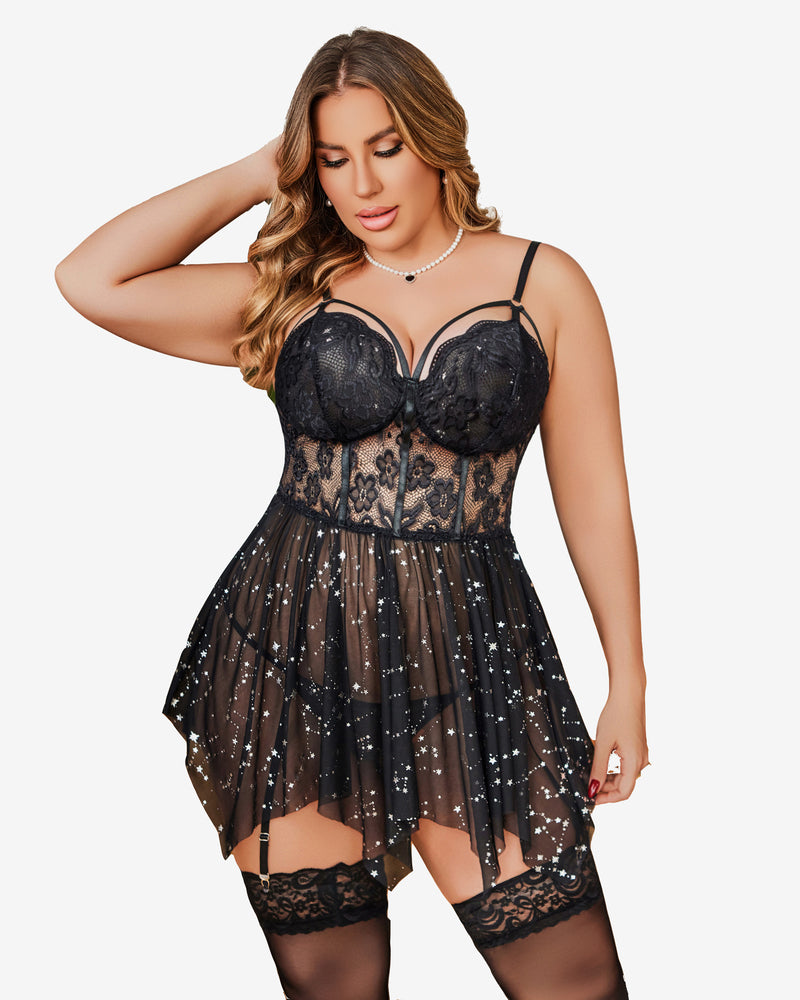 Plus size black mesh lace star pattern babydoll lingerie set with adjustable straps and garter belt