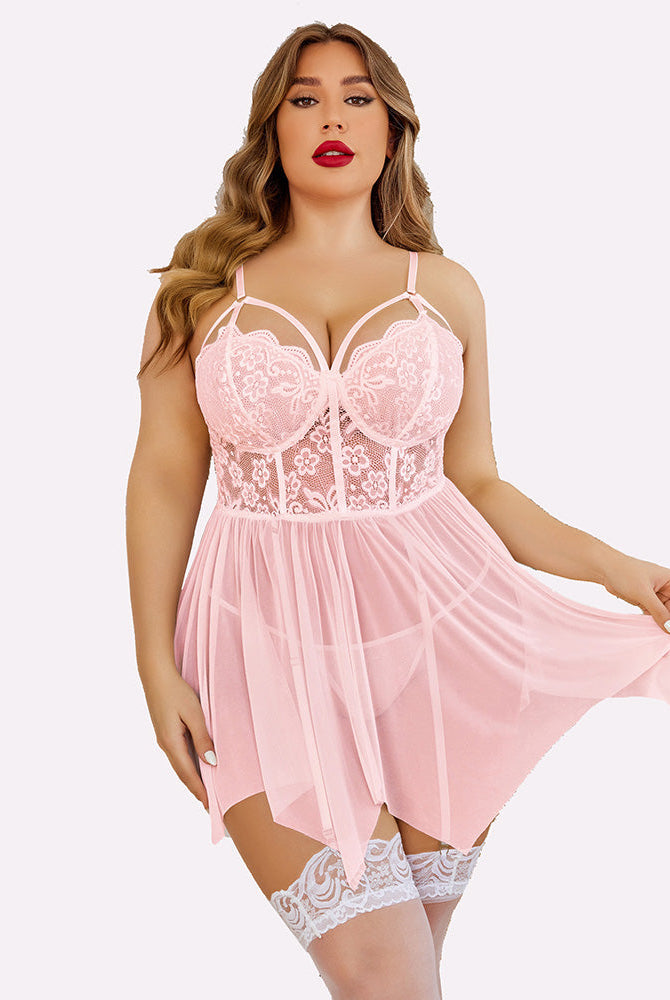 Plus Size Pink Mesh Lace Babydoll Lingerie Set with Floral Lace, Adjustable Straps and Stockings