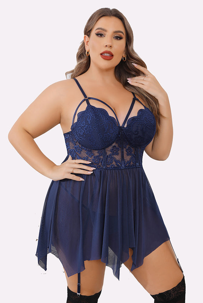Plus size navy blue lace babydoll lingerie set with adjustable straps, stockings, and garter belt