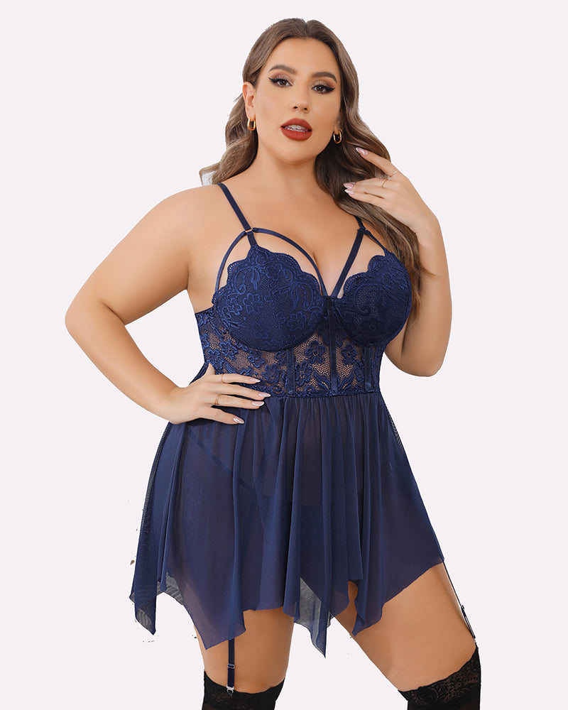 Plus size navy blue lace babydoll lingerie set with adjustable straps, stockings, and garter belt