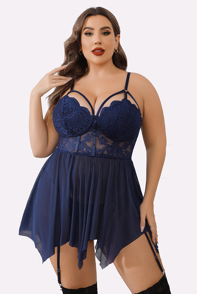 Plus size navy mesh lace babydoll lingerie set with adjustable straps and garter belt