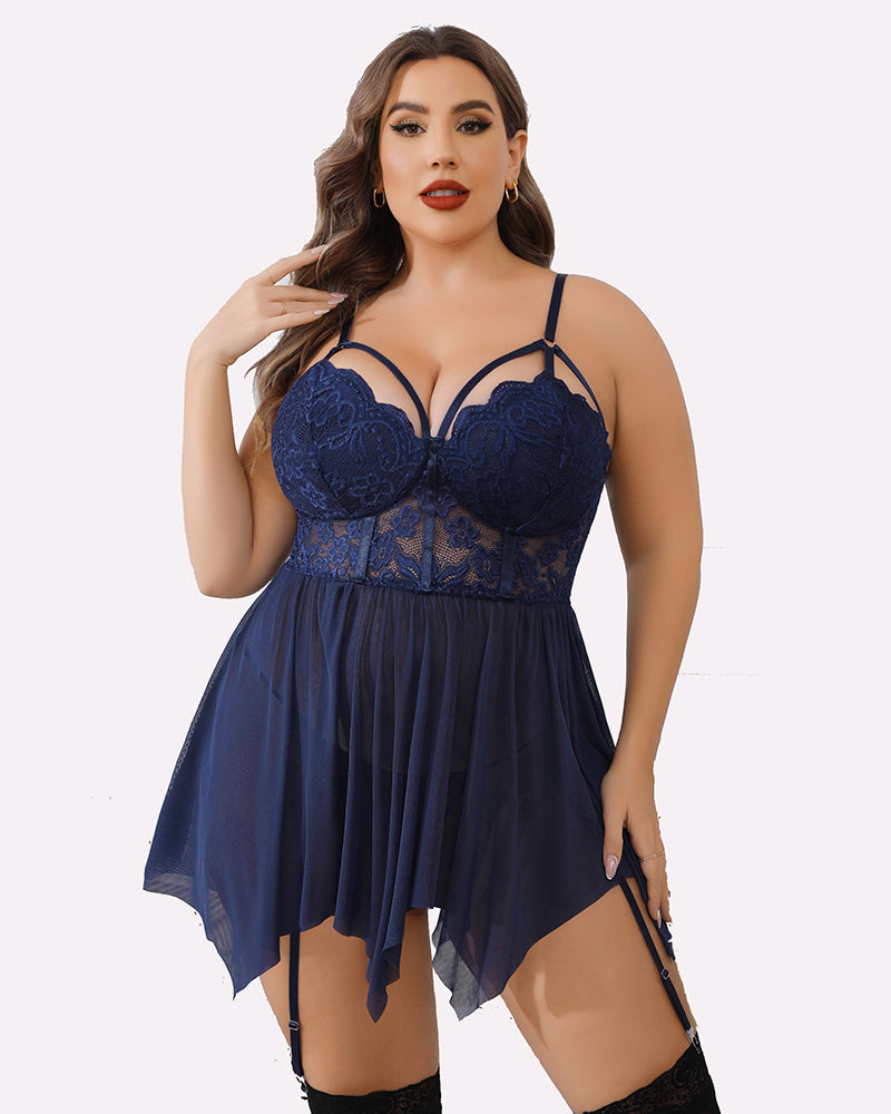 Plus size navy mesh lace babydoll lingerie set with adjustable straps and garter belt