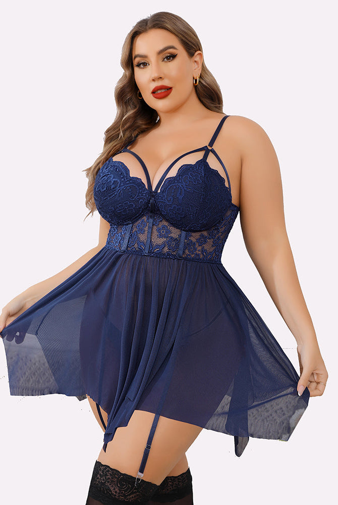Plus size navy mesh lace babydoll lingerie with adjustable straps and garter belt.