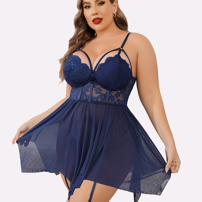 Plus size navy mesh lace babydoll lingerie with adjustable straps and garter belt.