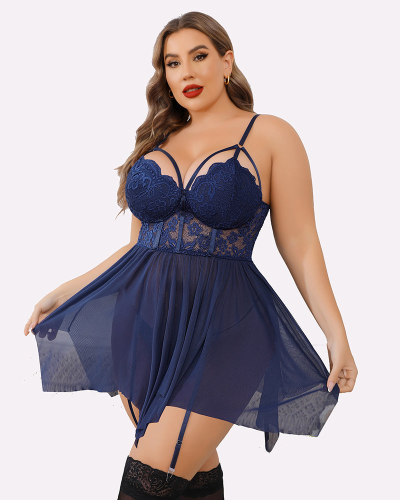 Plus size navy mesh lace babydoll lingerie with adjustable straps and garter belt.