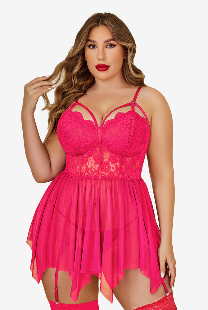 Plus size fuchsia mesh lace babydoll lingerie with adjustable straps and garter belt.