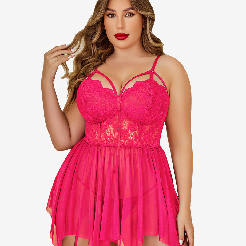 Plus size fuchsia mesh lace babydoll lingerie with adjustable straps and garter belt.