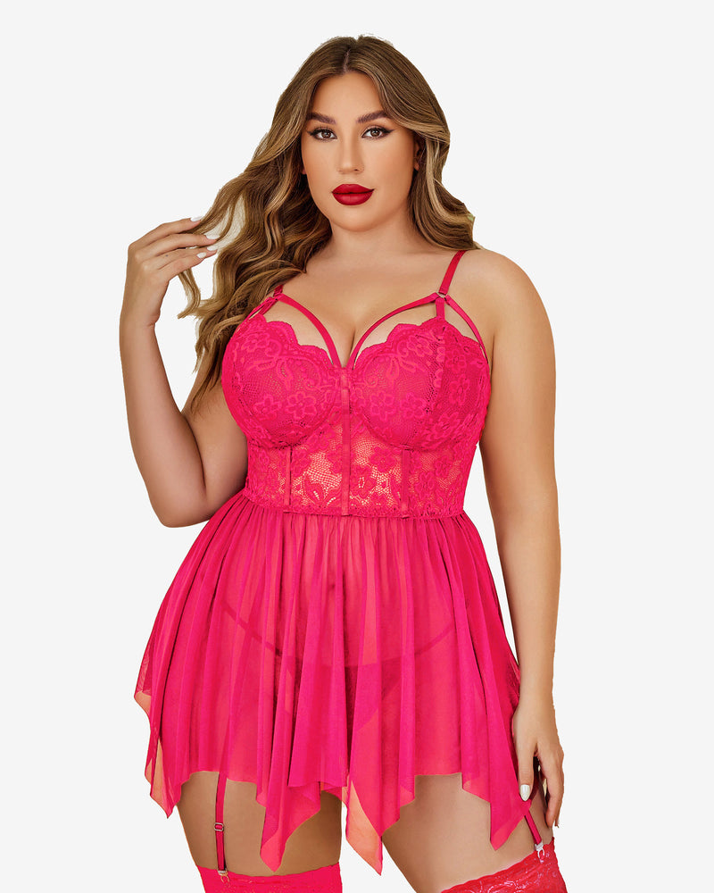 Plus size fuchsia mesh lace babydoll lingerie with adjustable straps and garter belt.